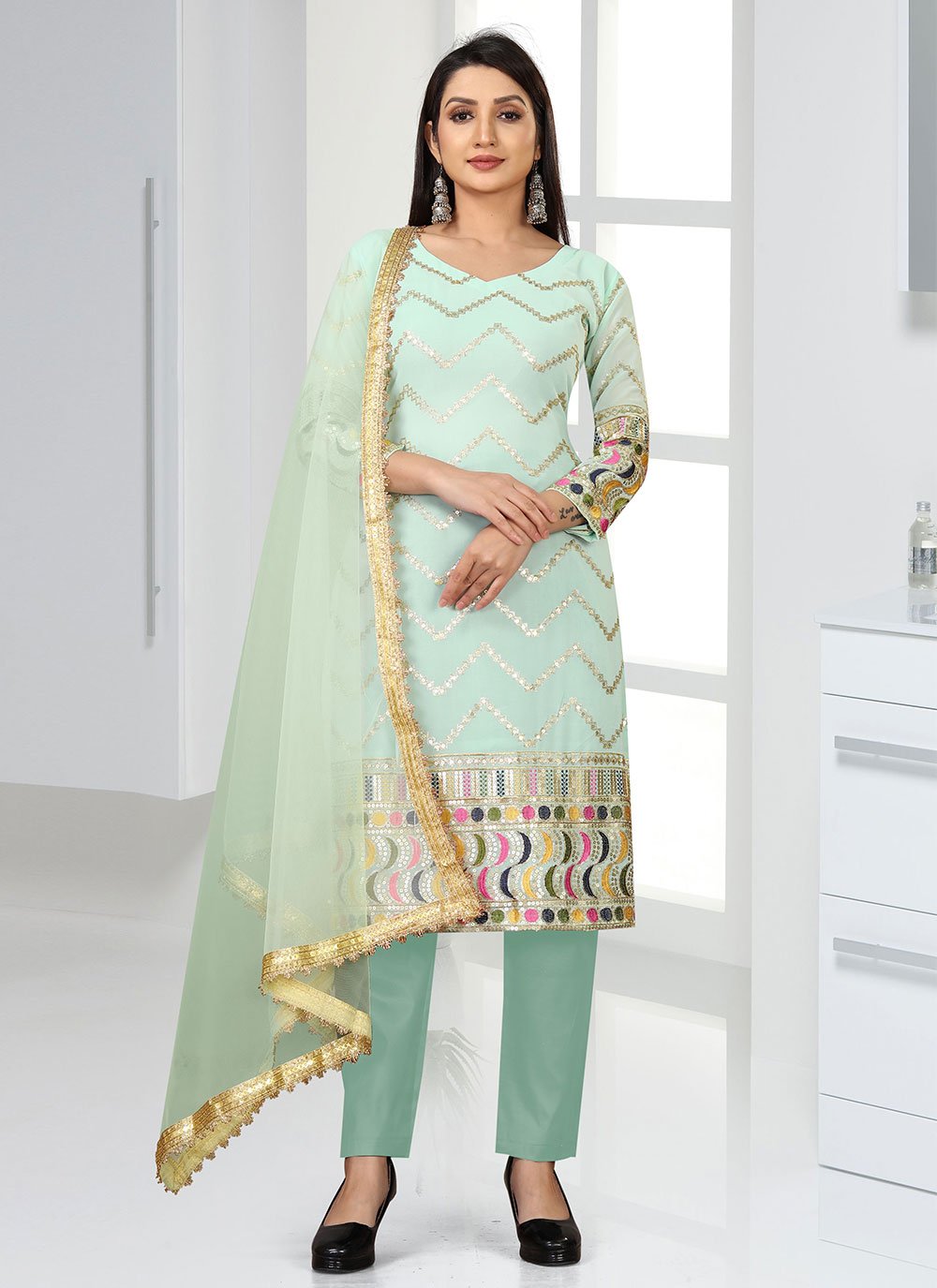 Salwar Suit Faux Georgette Aqua Blue Embroidered Salwar Kameez