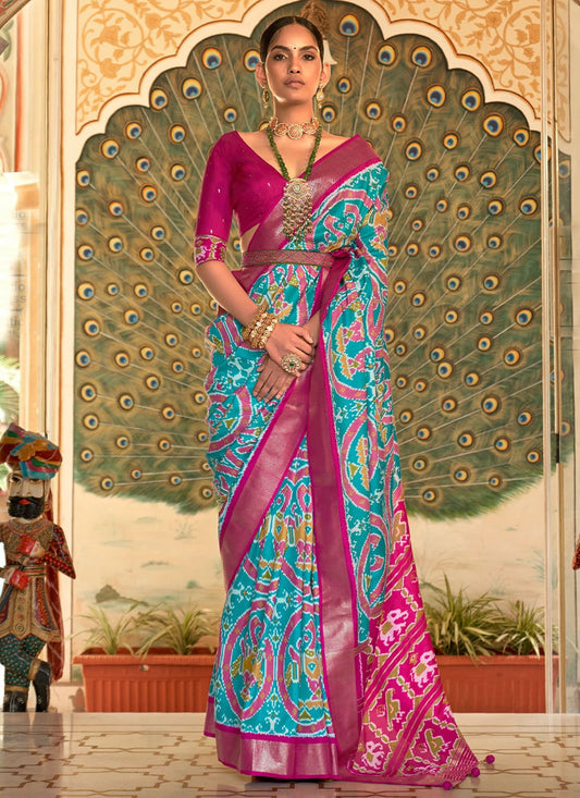 Classic Patola Silk Aqua Blue Weaving Saree