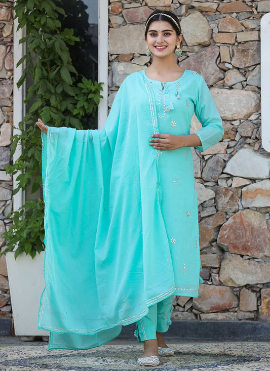 Straight Salwar Suit Cotton Aqua Blue Embroidered Salwar Kameez