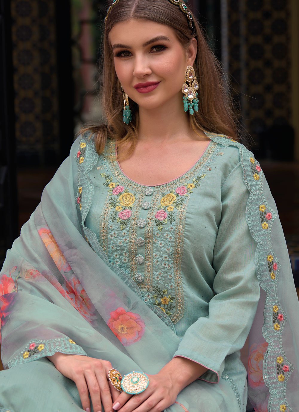 Floor Lenght Salwar Suit Silk Viscose Aqua Blue Embroidered Salwar Kameez