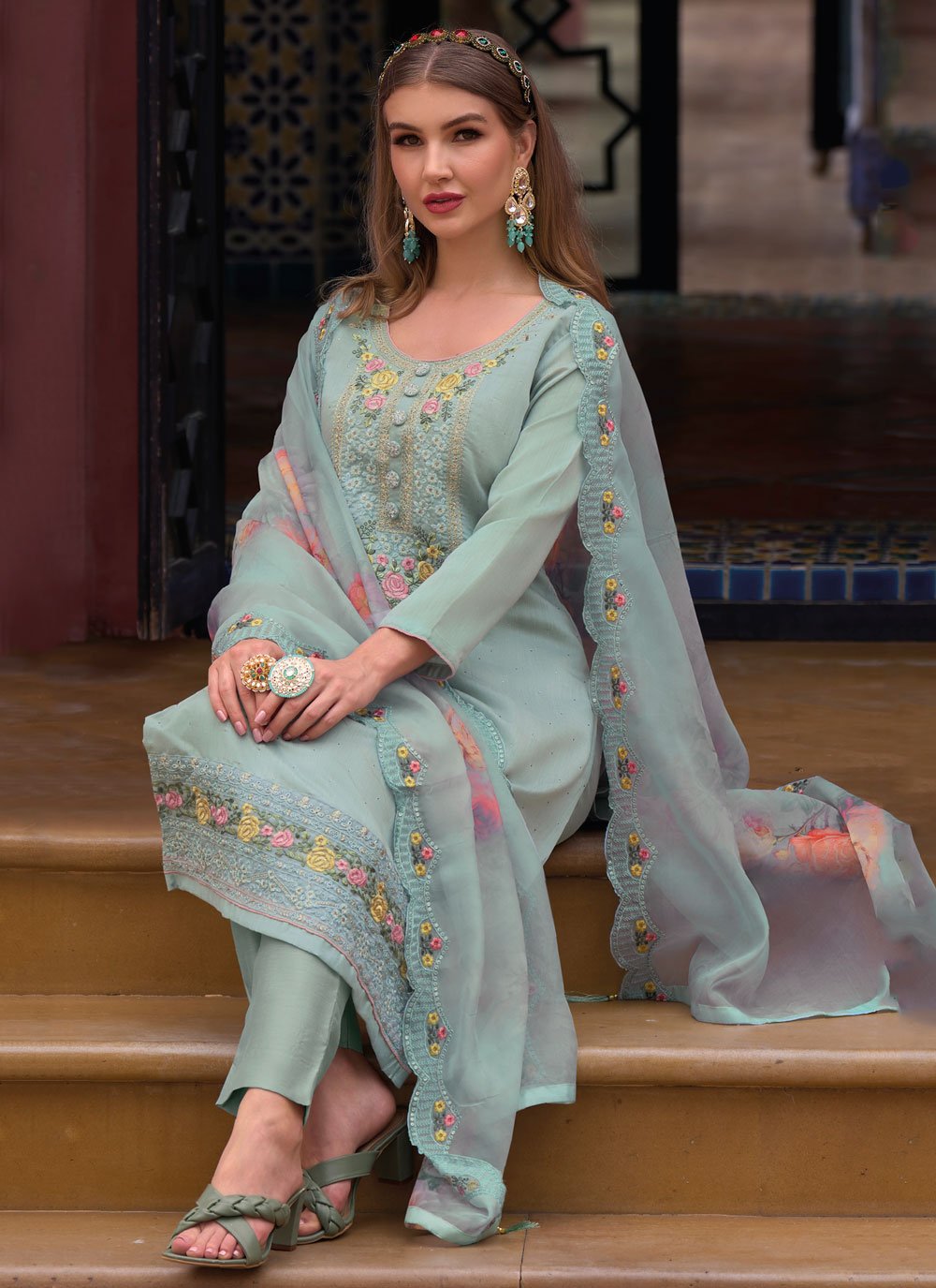 Floor Lenght Salwar Suit Silk Viscose Aqua Blue Embroidered Salwar Kameez