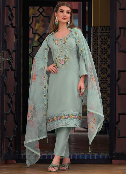 Floor Lenght Salwar Suit Silk Viscose Aqua Blue Embroidered Salwar Kameez