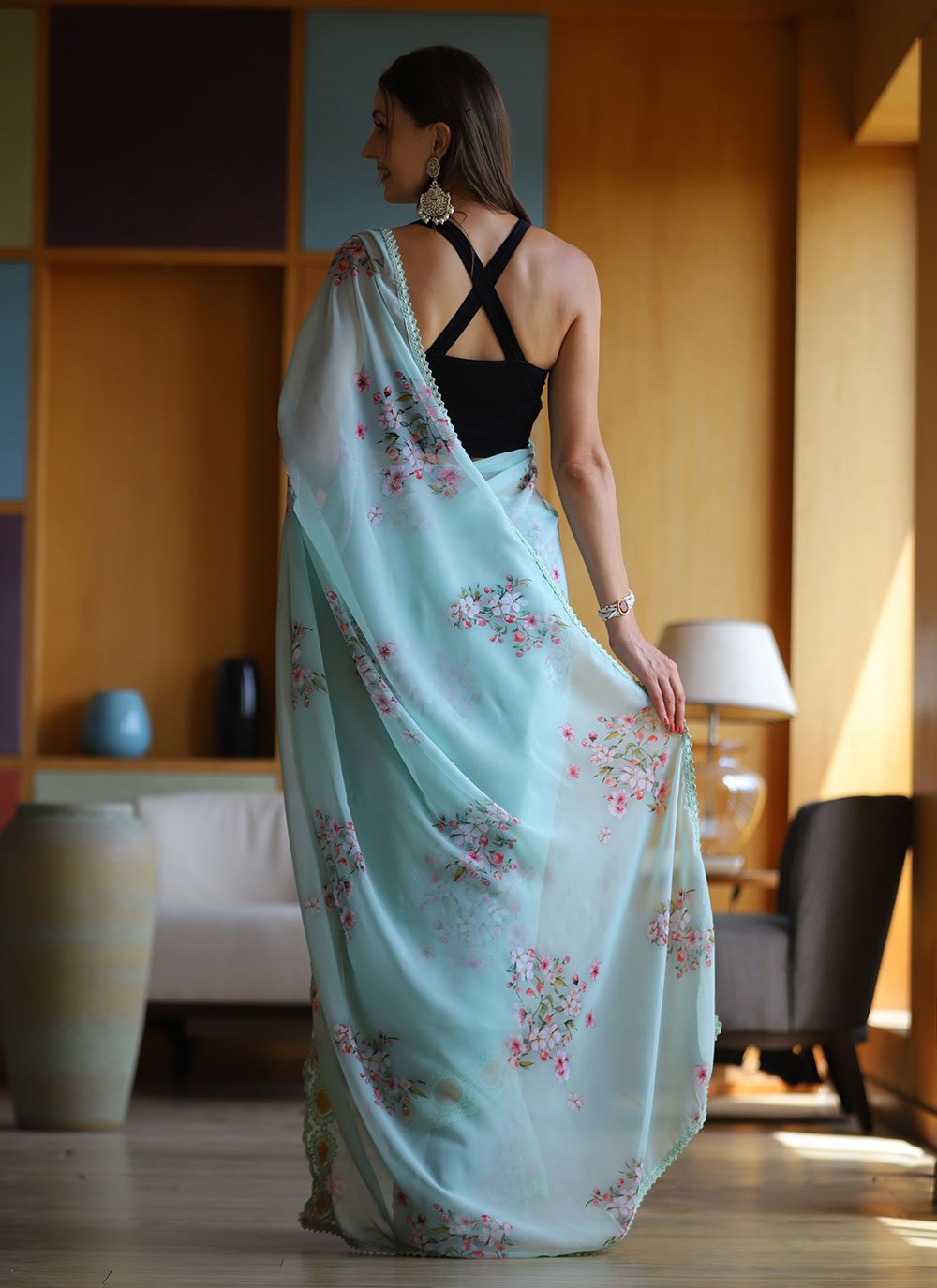 Designer Georgette Aqua Blue Floral Patch Saree