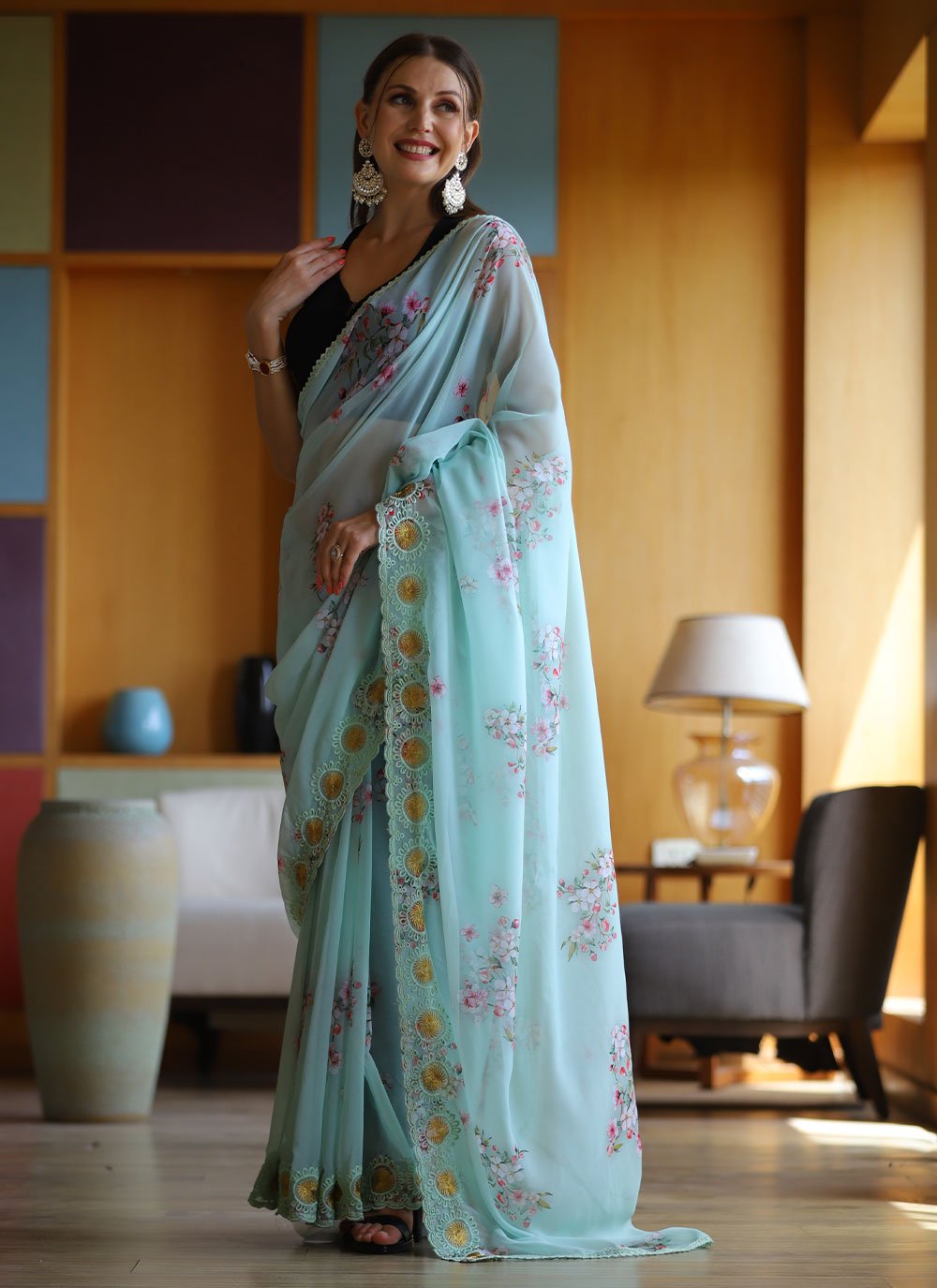 Designer Georgette Aqua Blue Floral Patch Saree