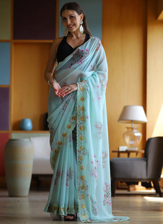 Designer Georgette Aqua Blue Floral Patch Saree