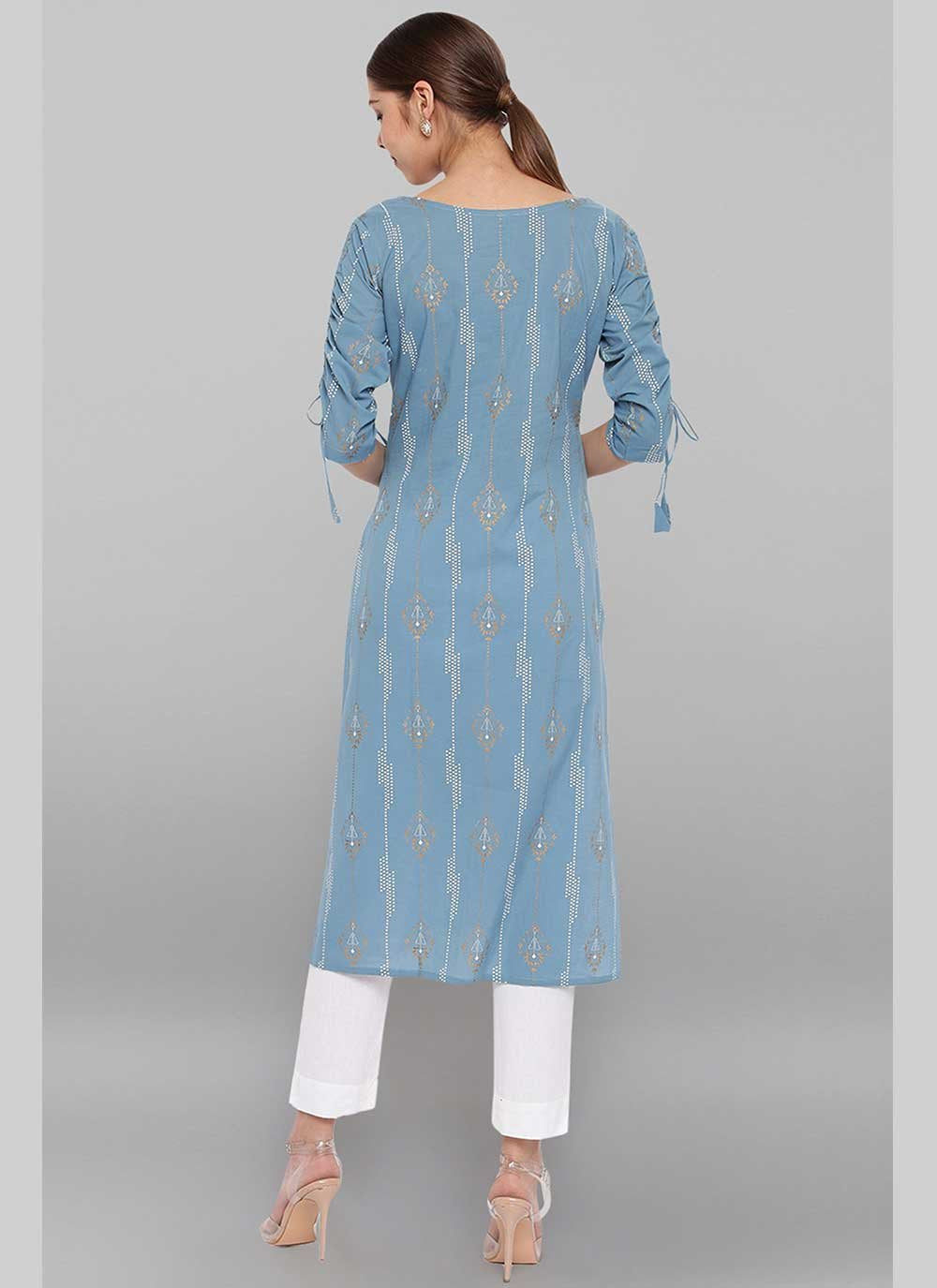 Casual Kurti Cotton Aqua Blue Foliage Print Kurtis