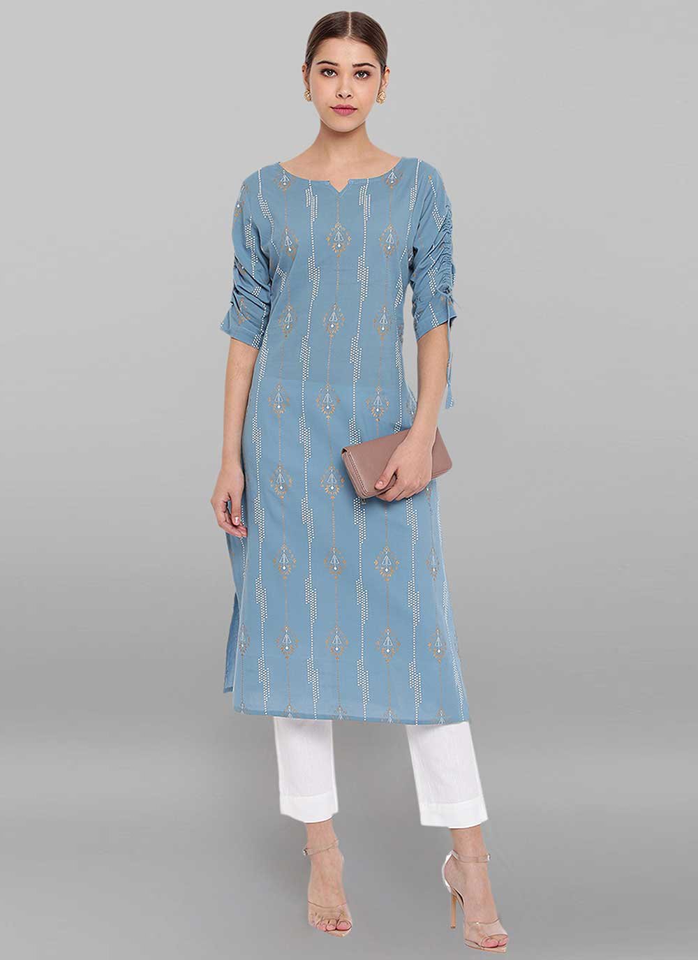 Casual Kurti Cotton Aqua Blue Foliage Print Kurtis