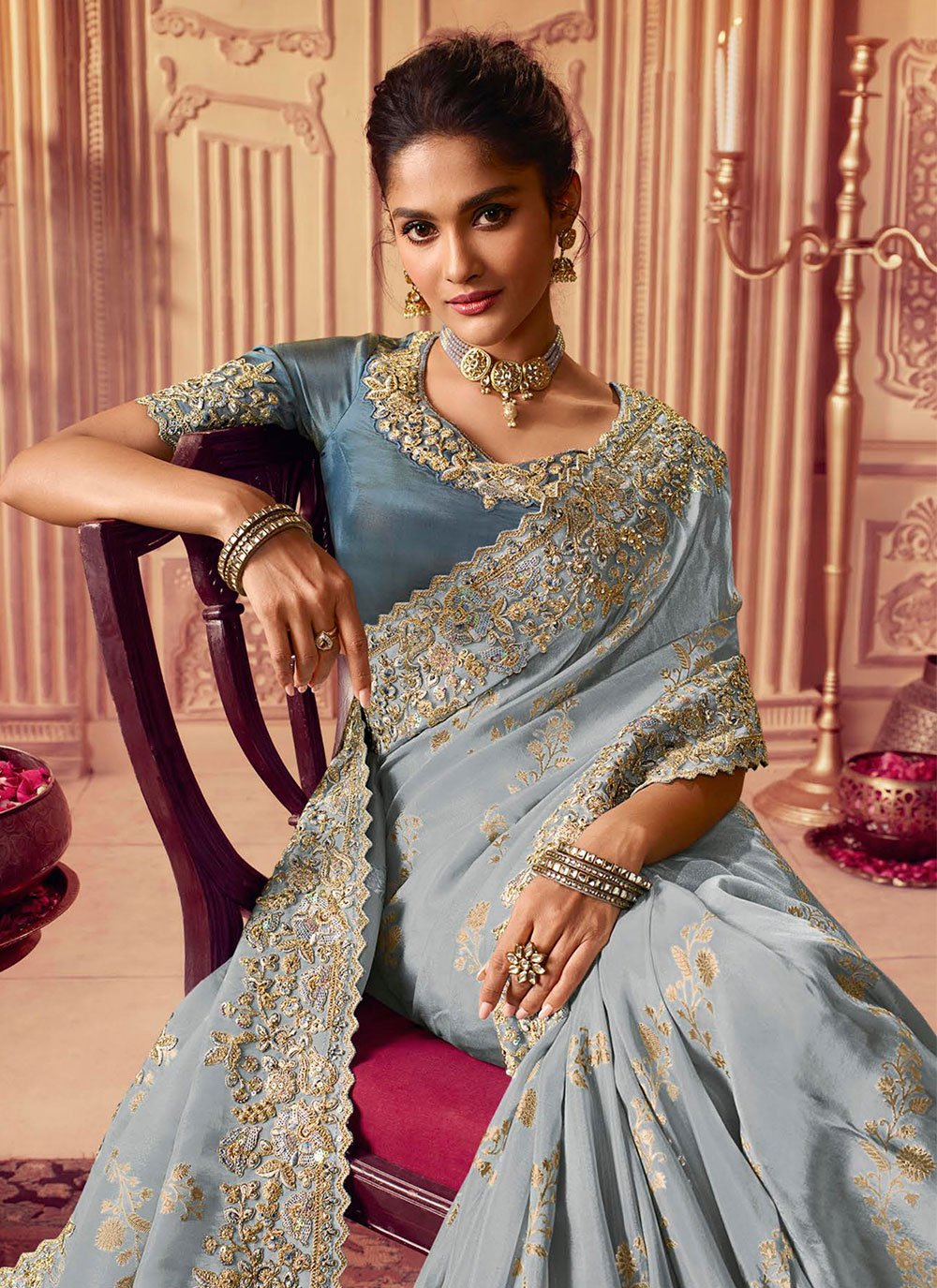 Contemporary Chinon Georgette Aqua Blue Embroidered Saree