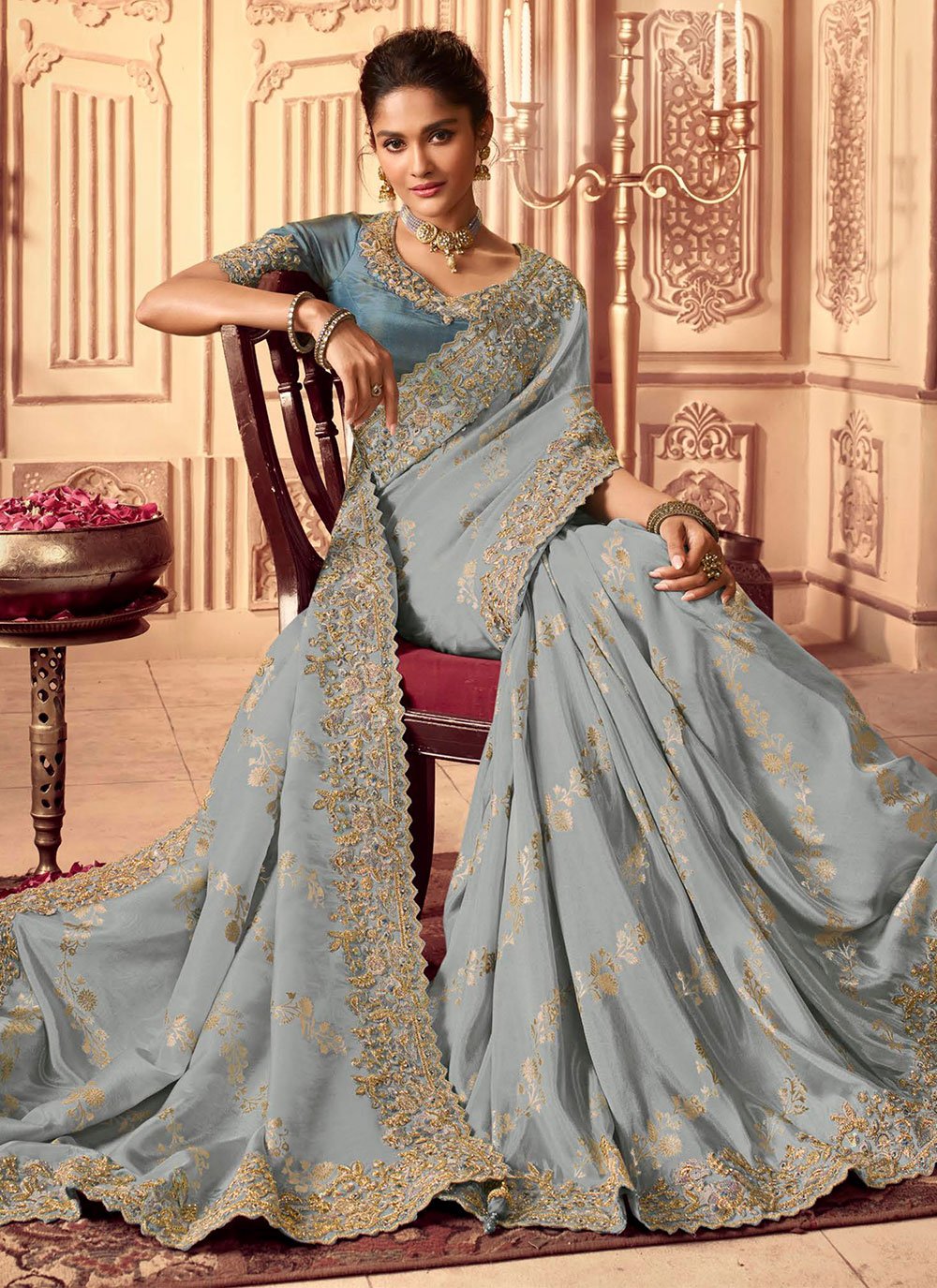 Contemporary Chinon Georgette Aqua Blue Embroidered Saree