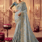 Contemporary Chinon Georgette Aqua Blue Embroidered Saree