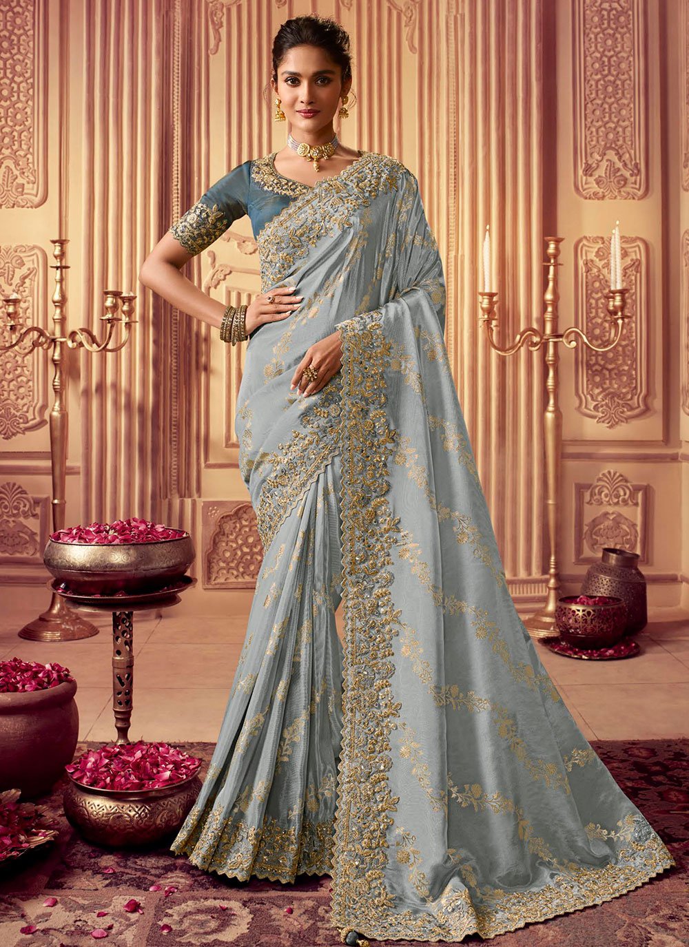 Contemporary Chinon Georgette Aqua Blue Embroidered Saree