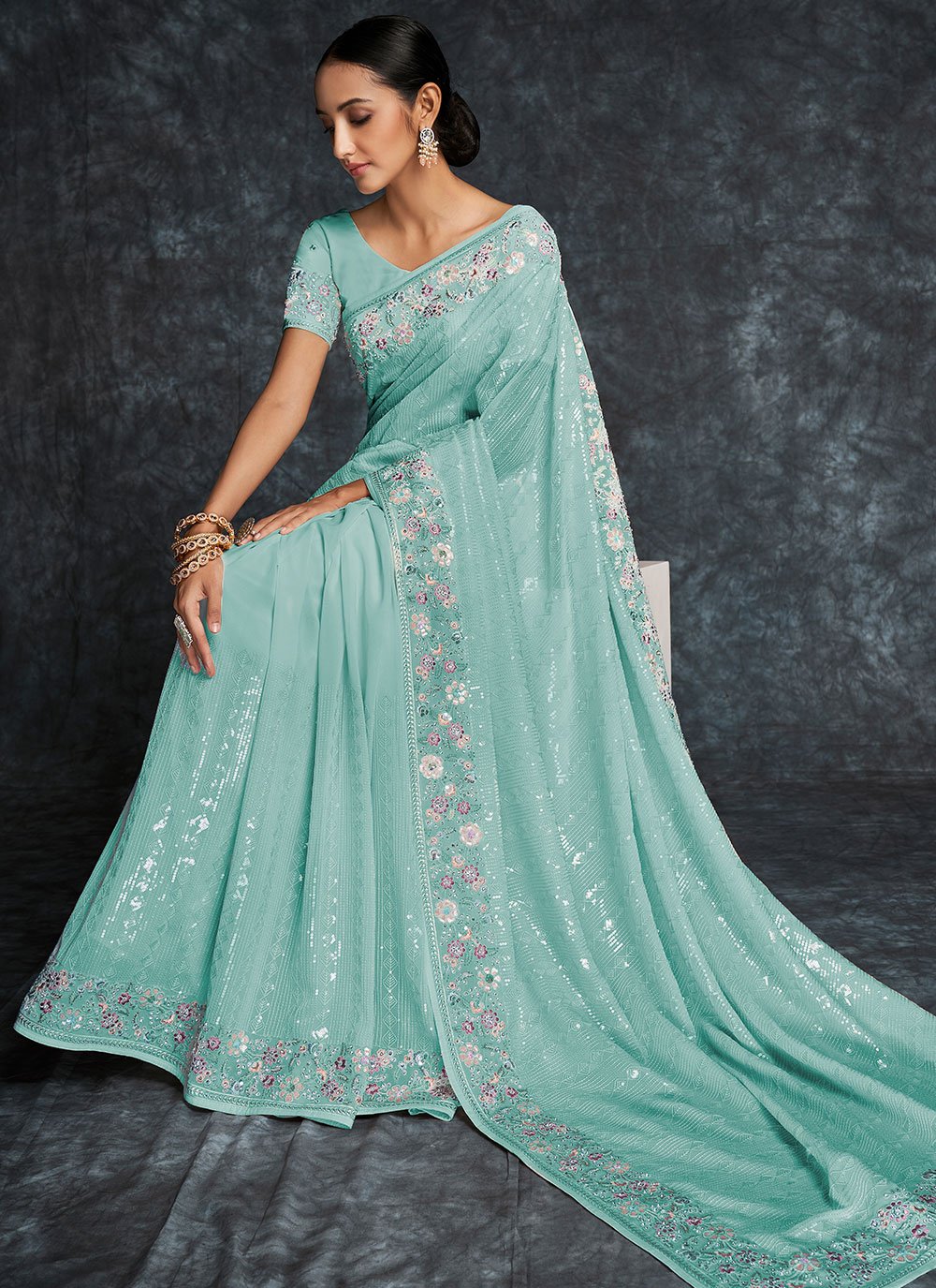 Contemporary Georgette Aqua Blue Embroidered Saree