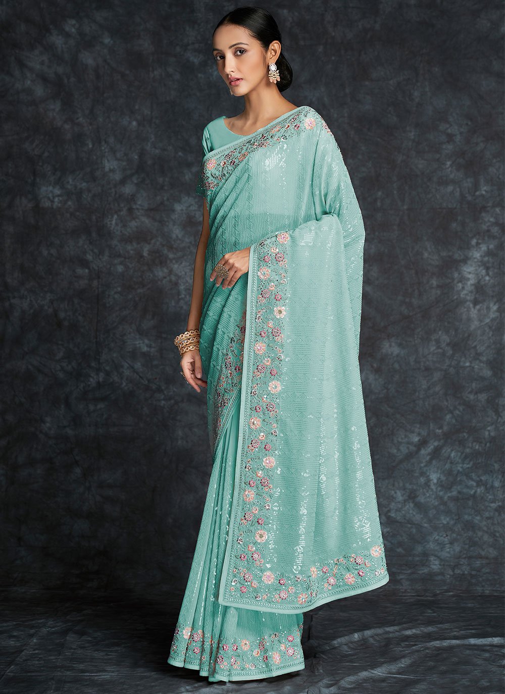 Contemporary Georgette Aqua Blue Embroidered Saree