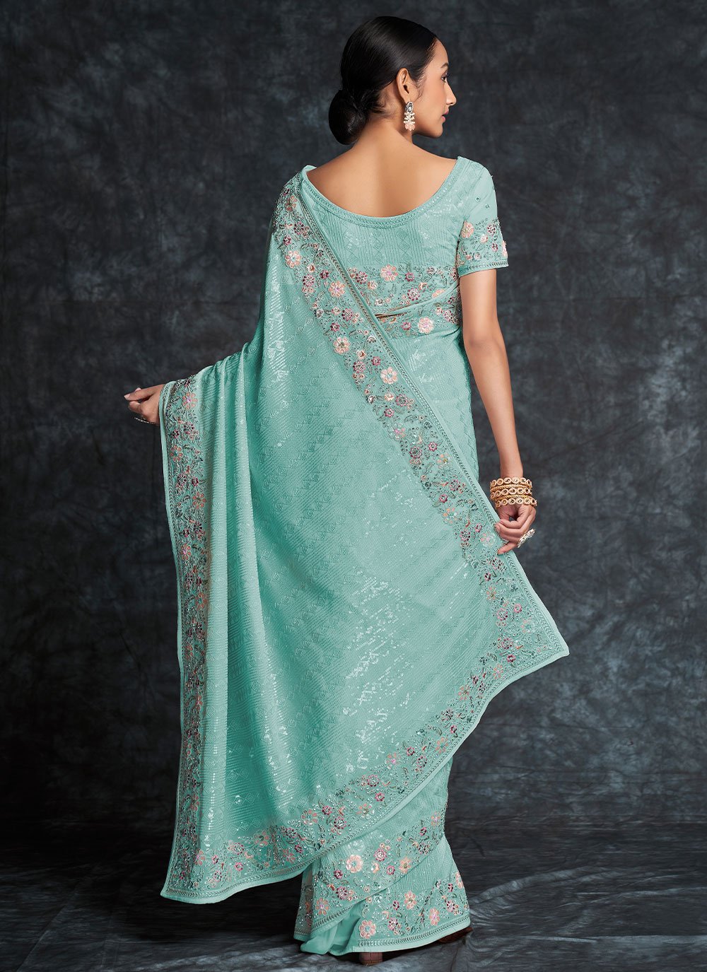 Contemporary Georgette Aqua Blue Embroidered Saree