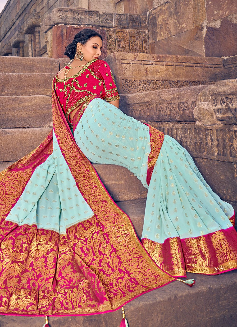 Trendy Saree Georgette Aqua Blue Embroidered Saree