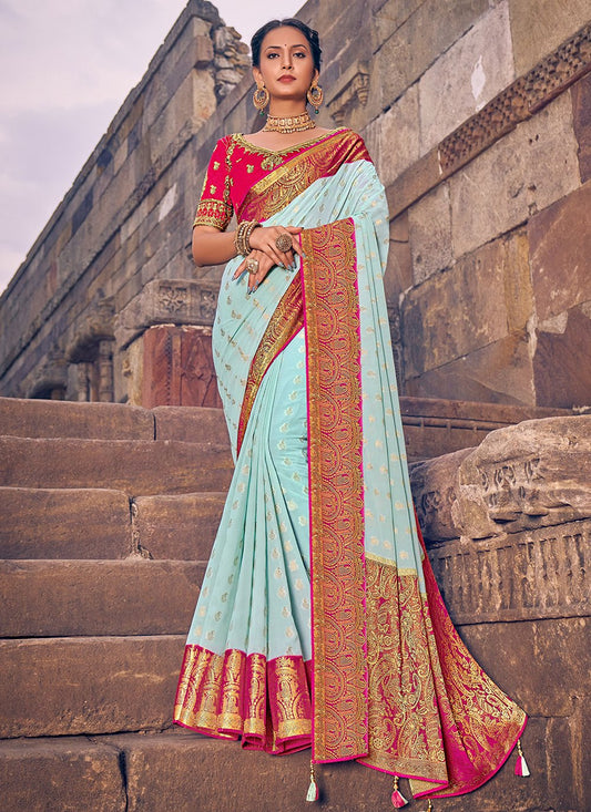 Trendy Saree Georgette Aqua Blue Embroidered Saree