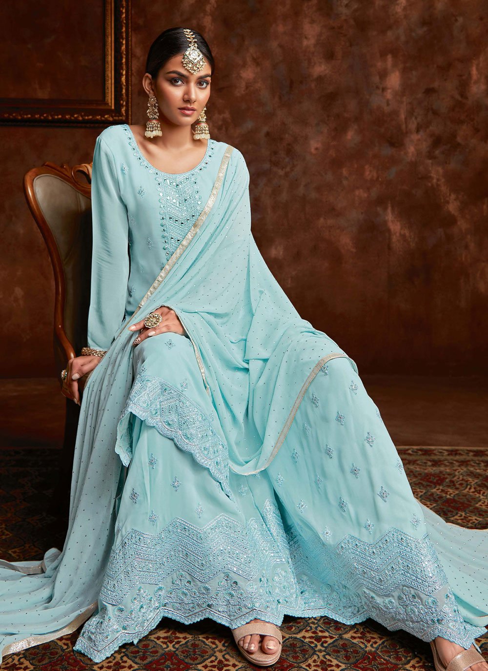 Palazzo Salwar Suit Georgette Aqua Blue Embroidered Salwar Kameez