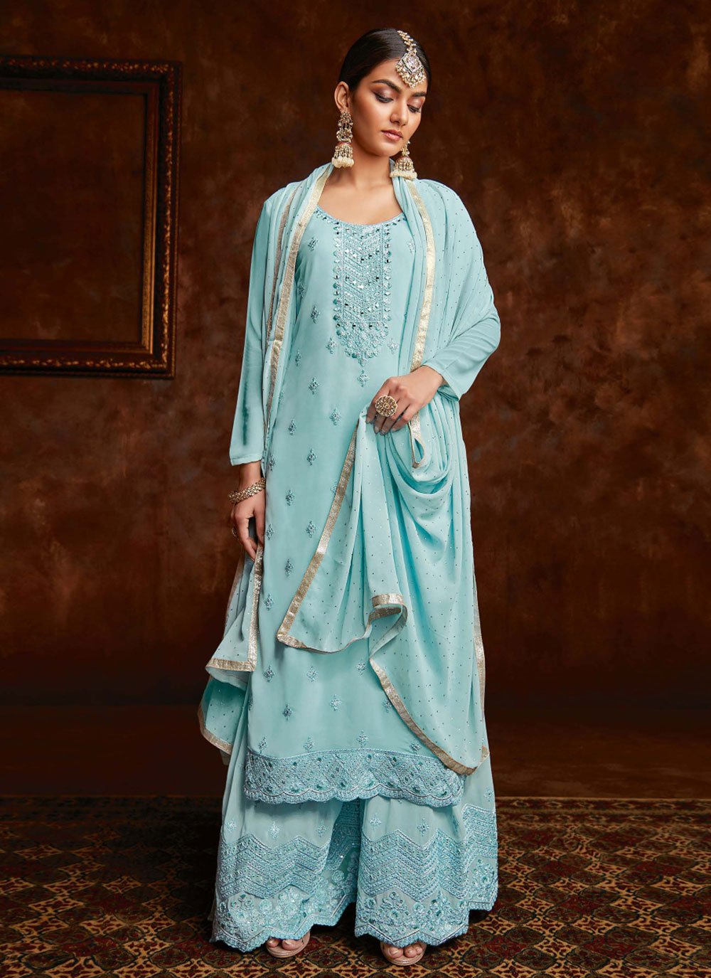 Palazzo Salwar Suit Georgette Aqua Blue Embroidered Salwar Kameez