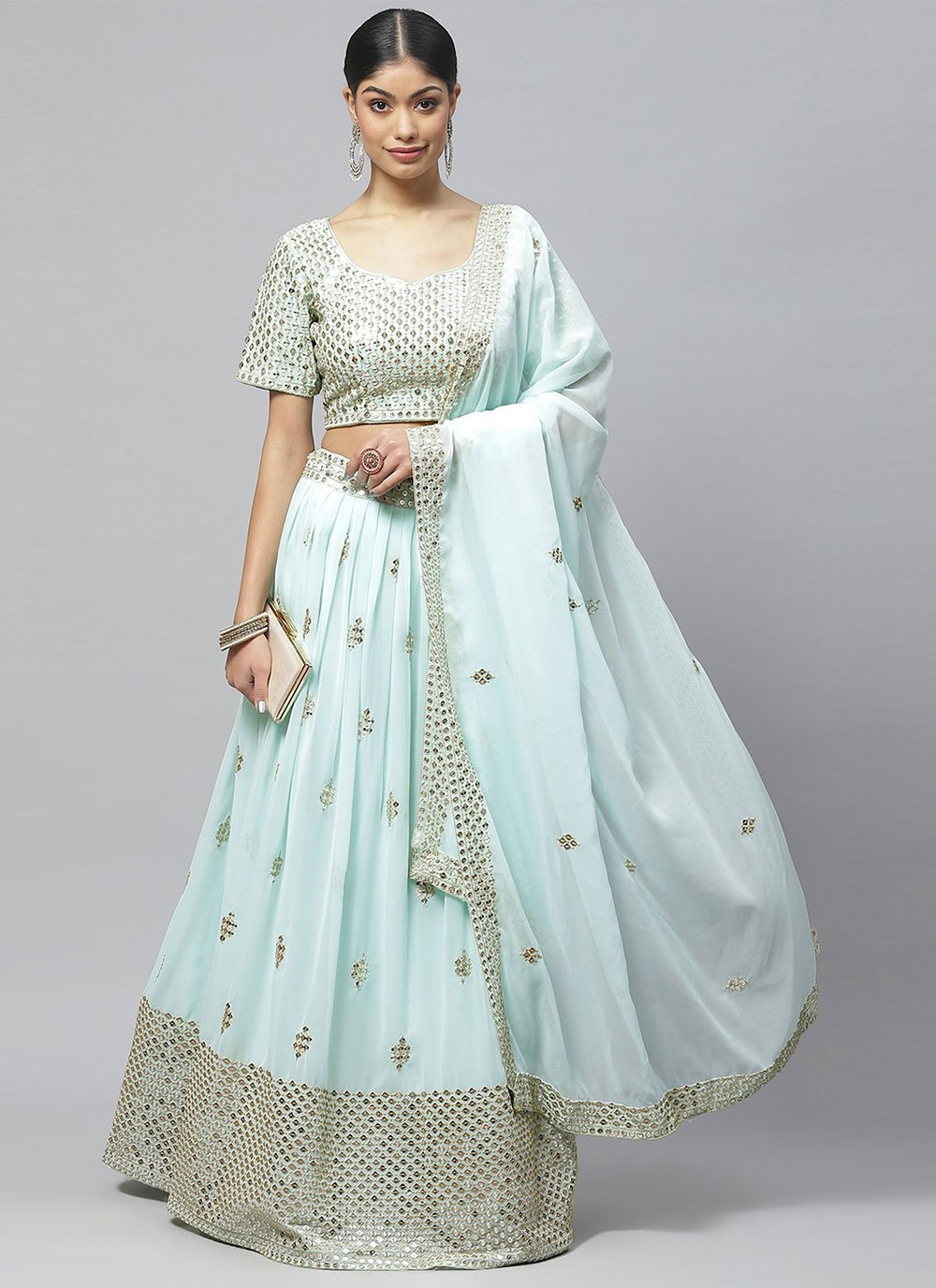 Lehenga Choli Georgette Aqua Blue Embroidered Lehenga Choli