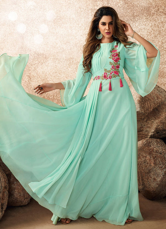 Gown Georgette Aqua Blue Embroidered Gown