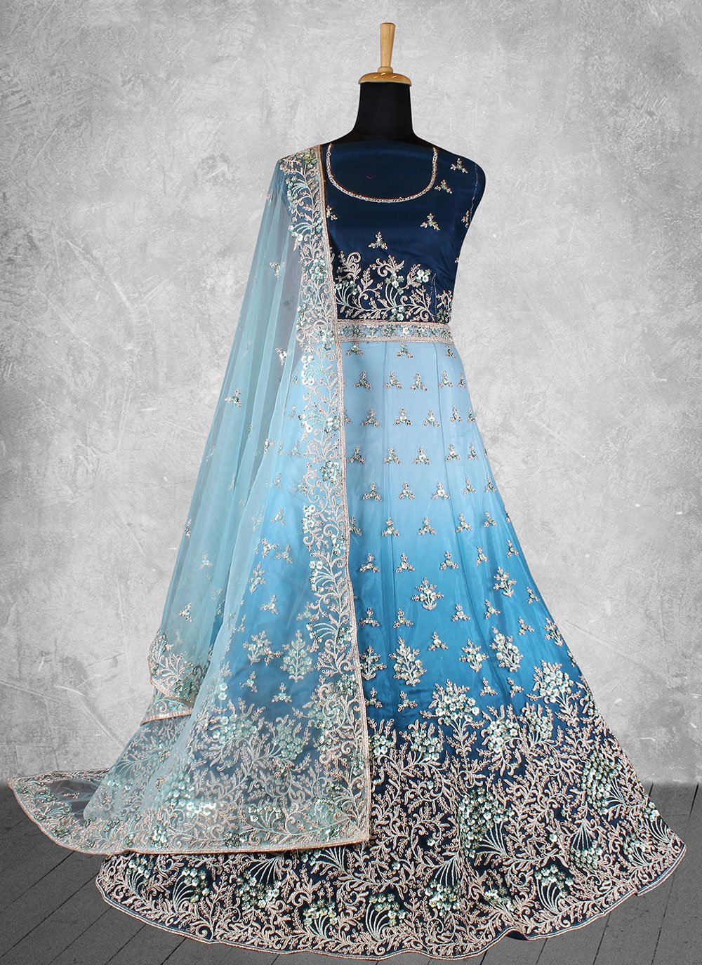 A Line Lehenga Georgette Aqua Blue Embroidered Lehenga Choli