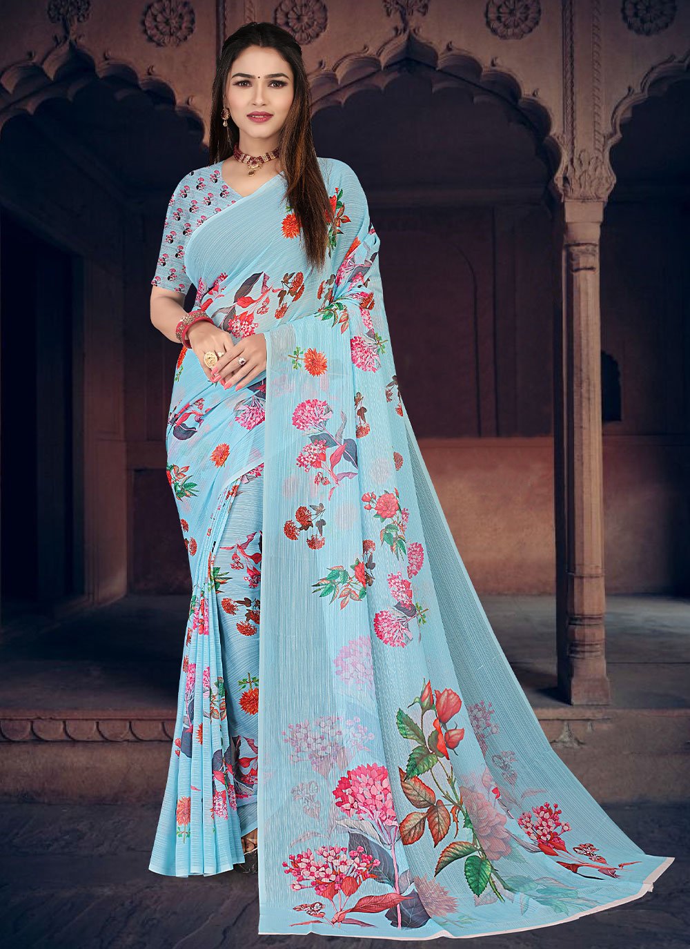 Classic Georgette Aqua Blue Digital Print Saree