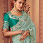Classic Chinon Georgette Aqua Blue Embroidered Saree