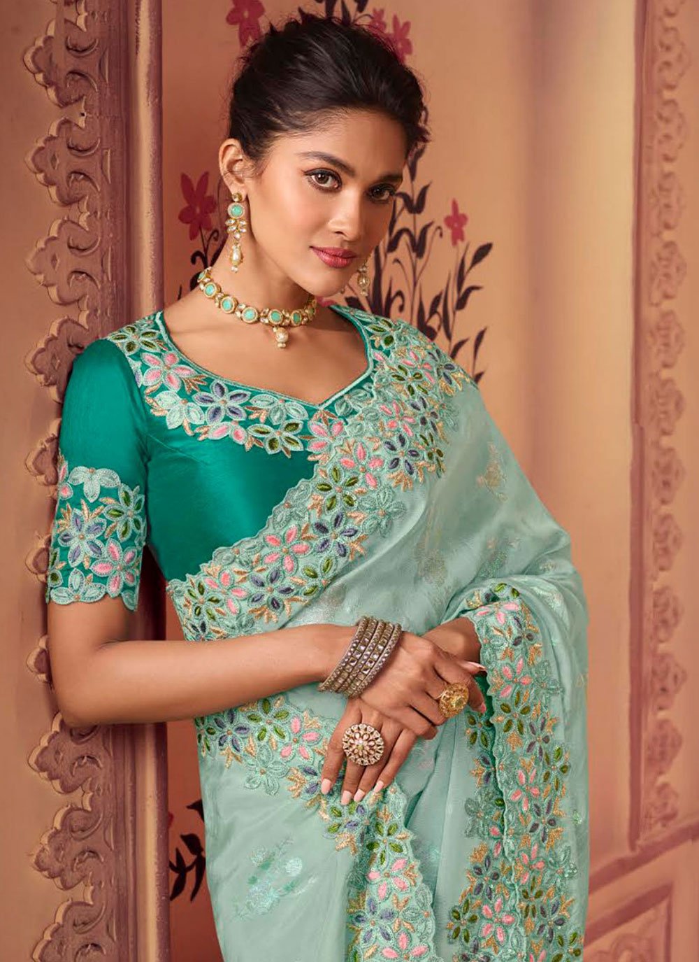 Classic Chinon Georgette Aqua Blue Embroidered Saree