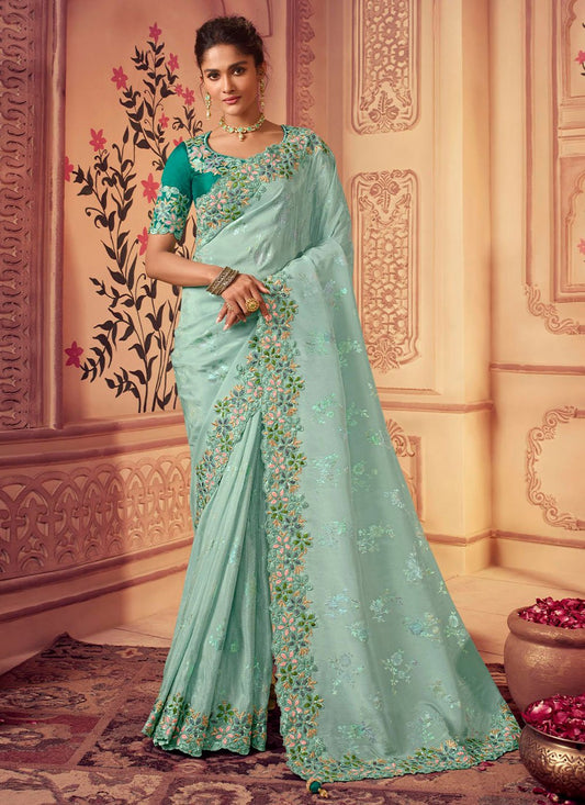 Classic Chinon Georgette Aqua Blue Embroidered Saree