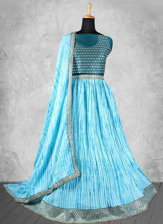 A Line Lehenga Georgette Satin Aqua Blue Mirror Lehenga Choli