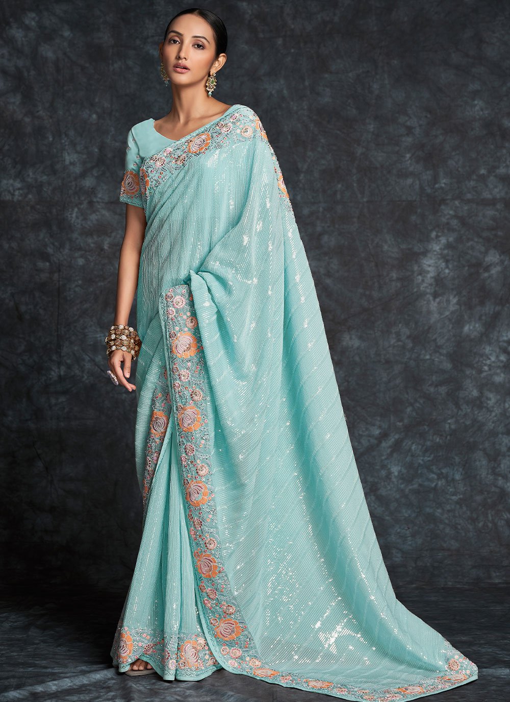 Contemporary Georgette Aqua Blue Embroidered Saree