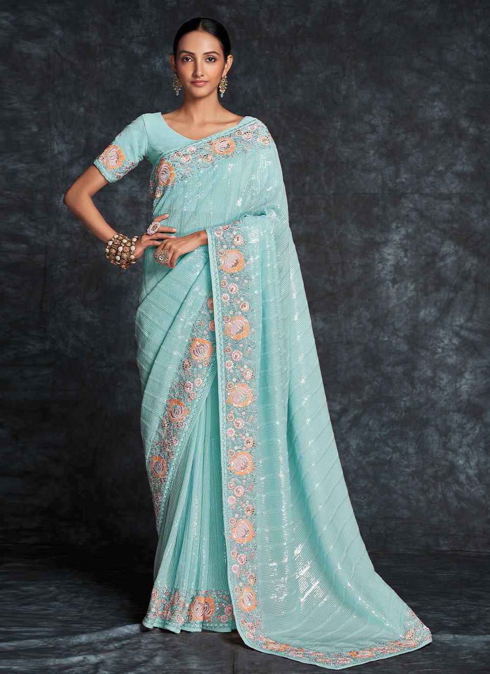 Contemporary Georgette Aqua Blue Embroidered Saree