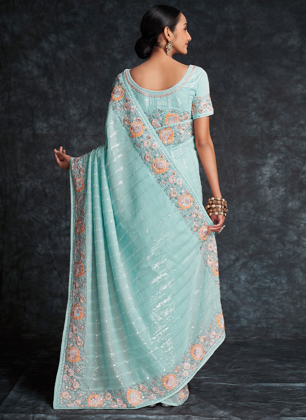 Contemporary Georgette Aqua Blue Embroidered Saree