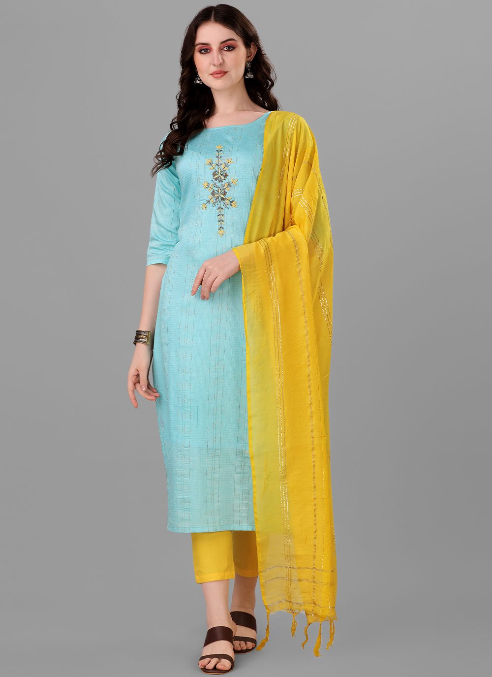 Pant Style Suit Handloom Cotton Aqua Blue Embroidered Salwar Kameez