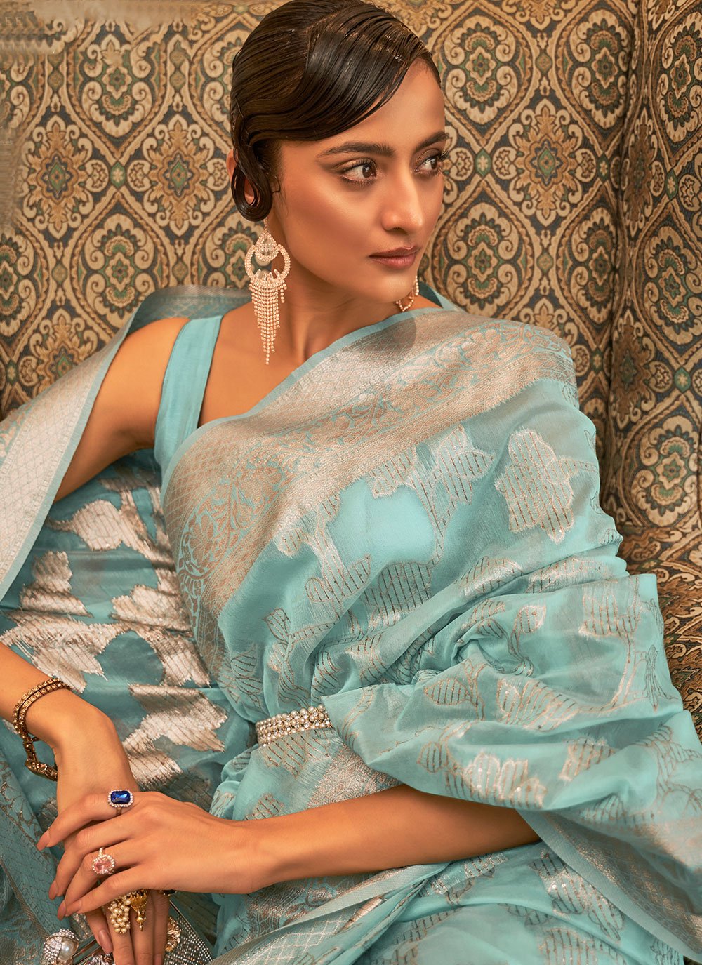Classic Handloom Silk Aqua Blue Weaving Saree
