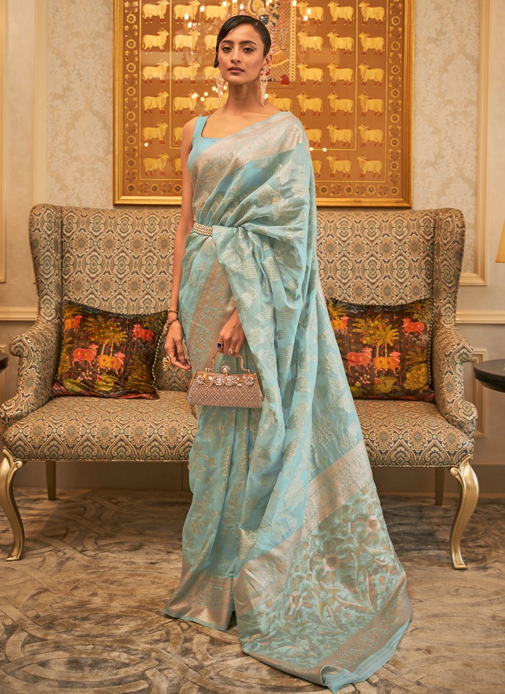 Classic Handloom Silk Aqua Blue Weaving Saree