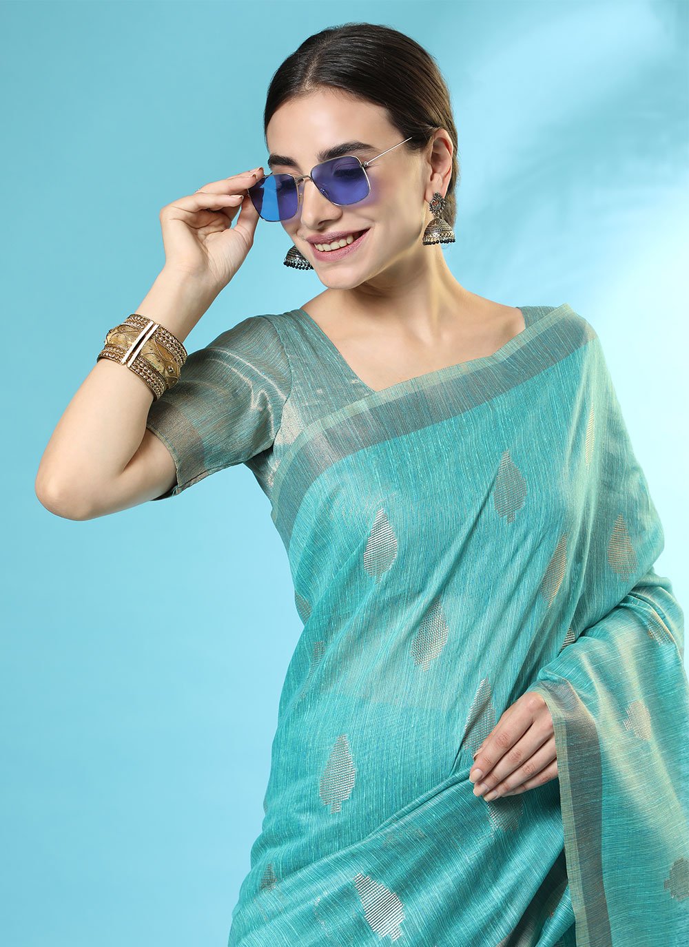 Classic Handloom Silk Aqua Blue Woven Saree