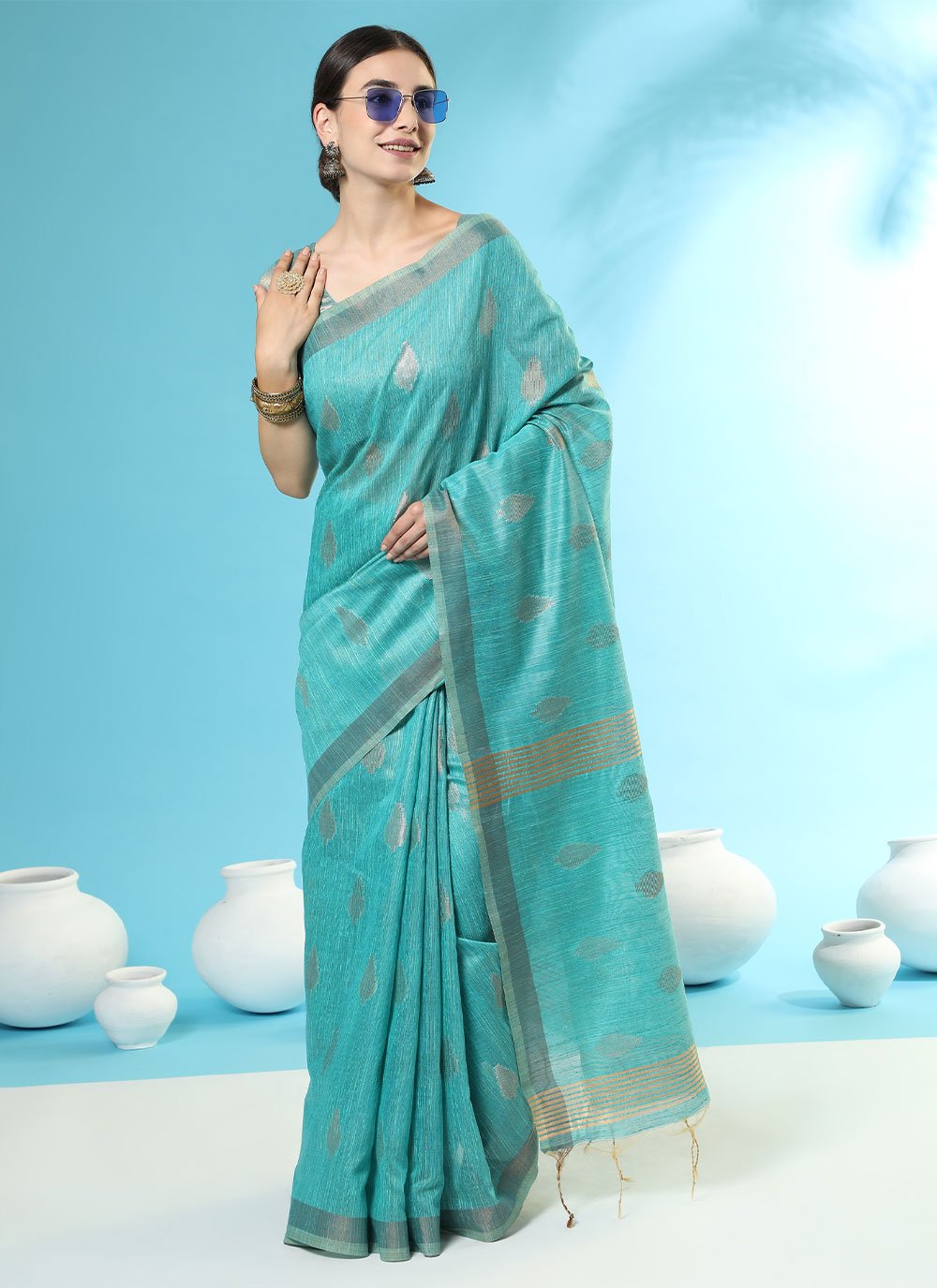 Classic Handloom Silk Aqua Blue Woven Saree