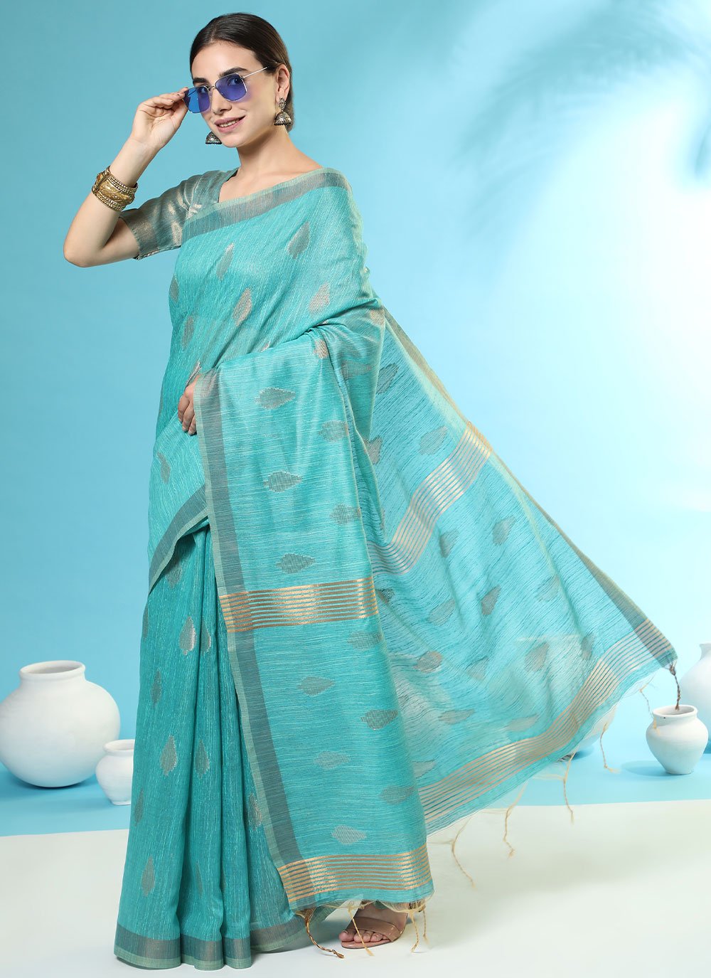 Classic Handloom Silk Aqua Blue Woven Saree