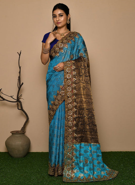 Trendy Saree Kanjivaram Silk Aqua Blue Hand Work Saree