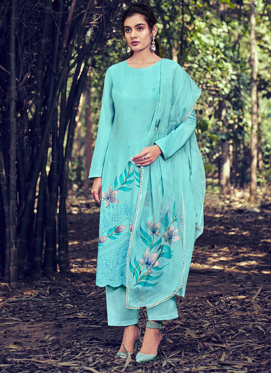 Salwar Suit Bembarg Muslin Aqua Blue Embroidered Salwar Kameez