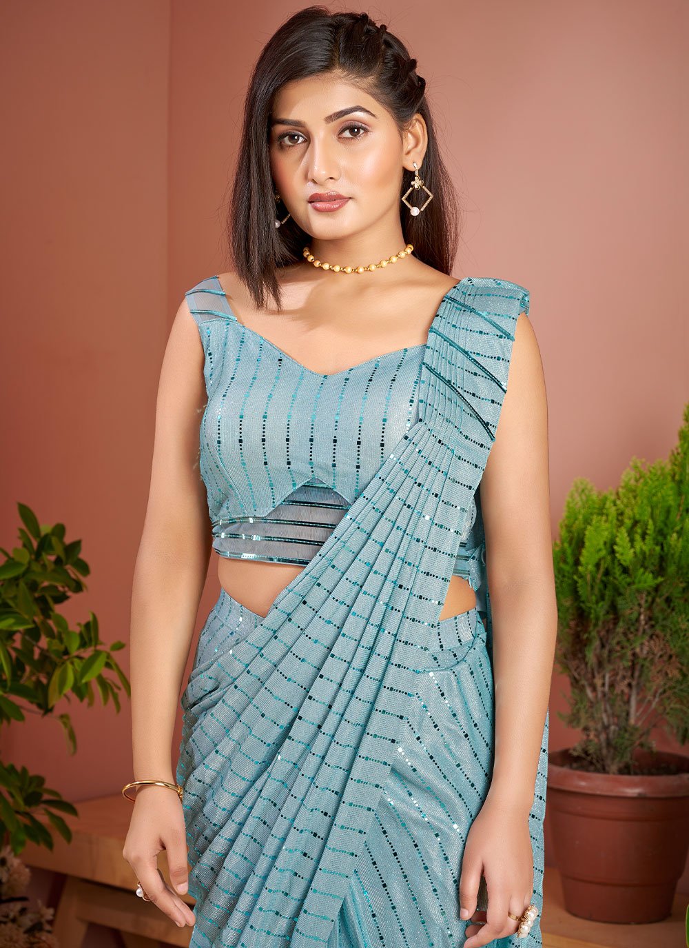 Contemporary Imported Aqua Blue Fancy Work Saree