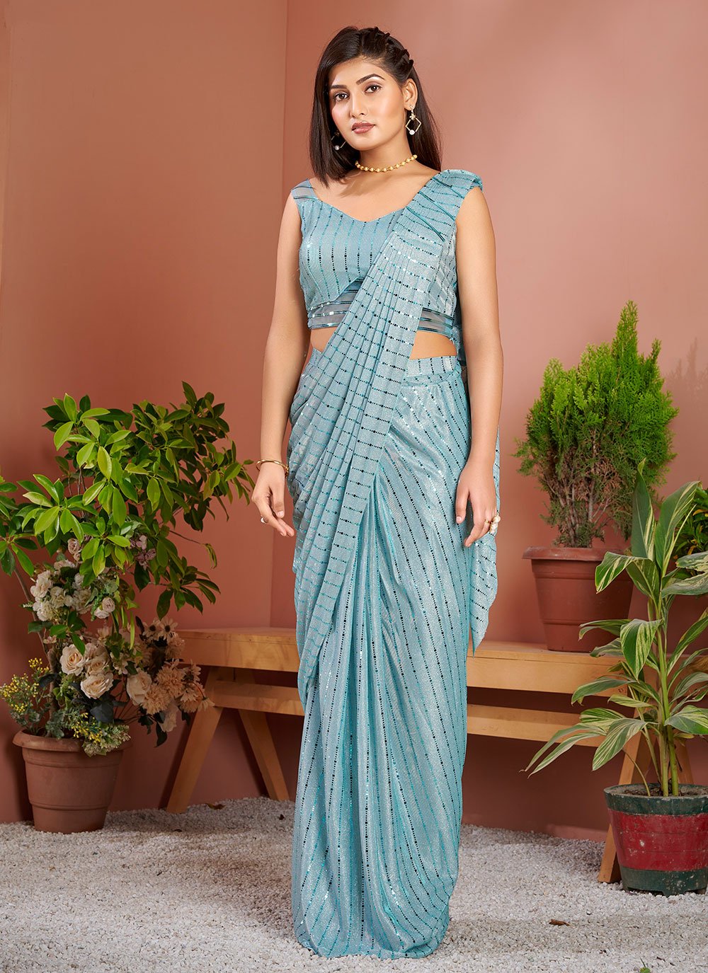 Contemporary Imported Aqua Blue Fancy Work Saree