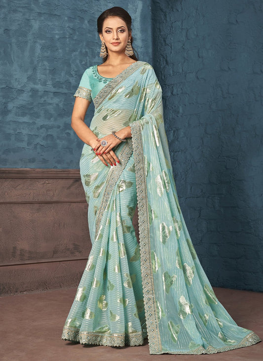 Designer Georgette Jacquard Aqua Blue Embroidered Saree