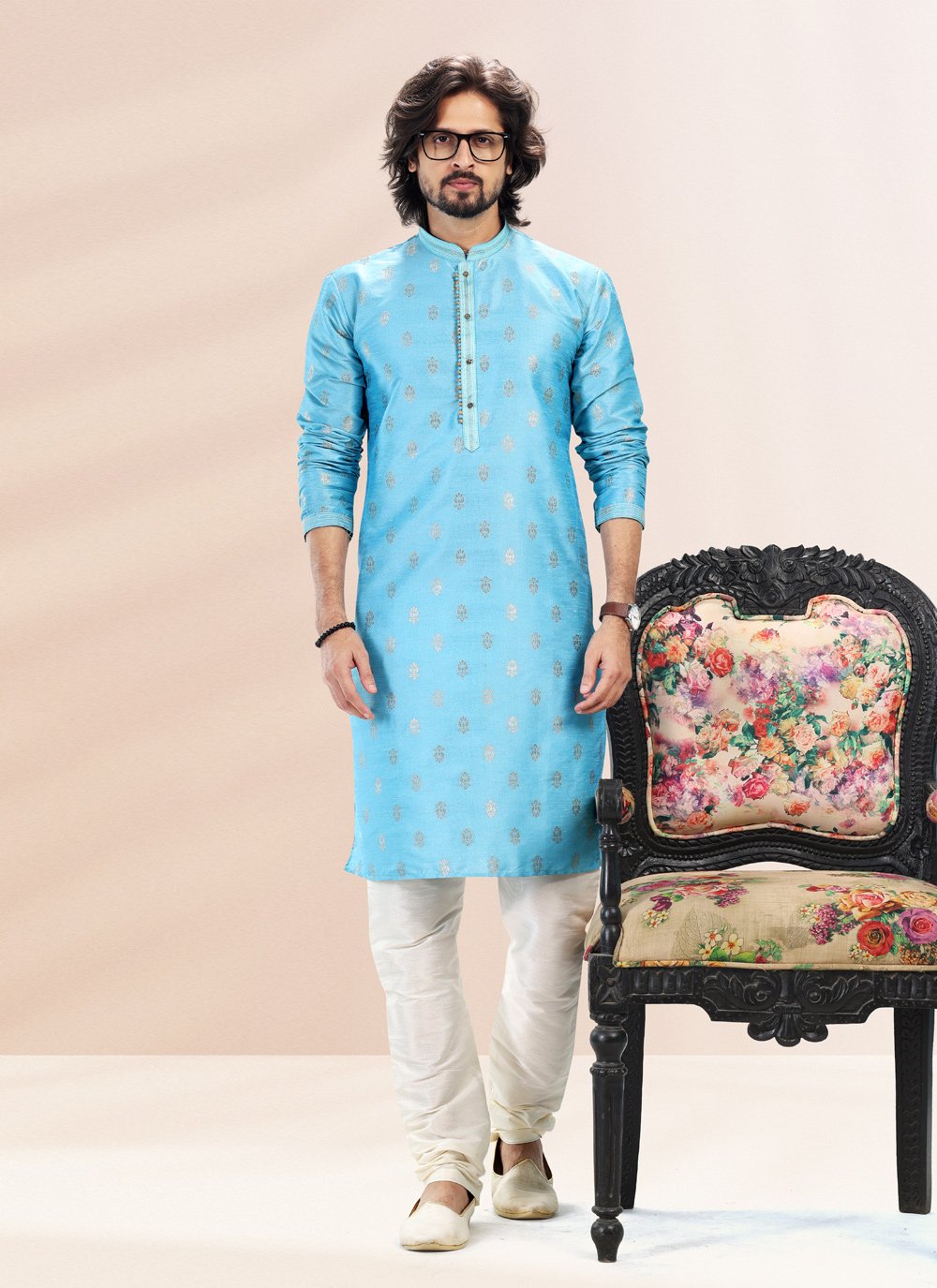 Kurta Pyjama Banarasi Silk Jacquard Aqua Blue Fancy Work Mens