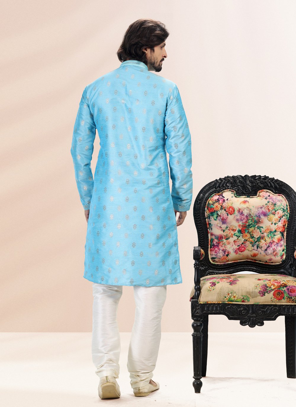 Kurta Pyjama Banarasi Silk Jacquard Aqua Blue Fancy Work Mens