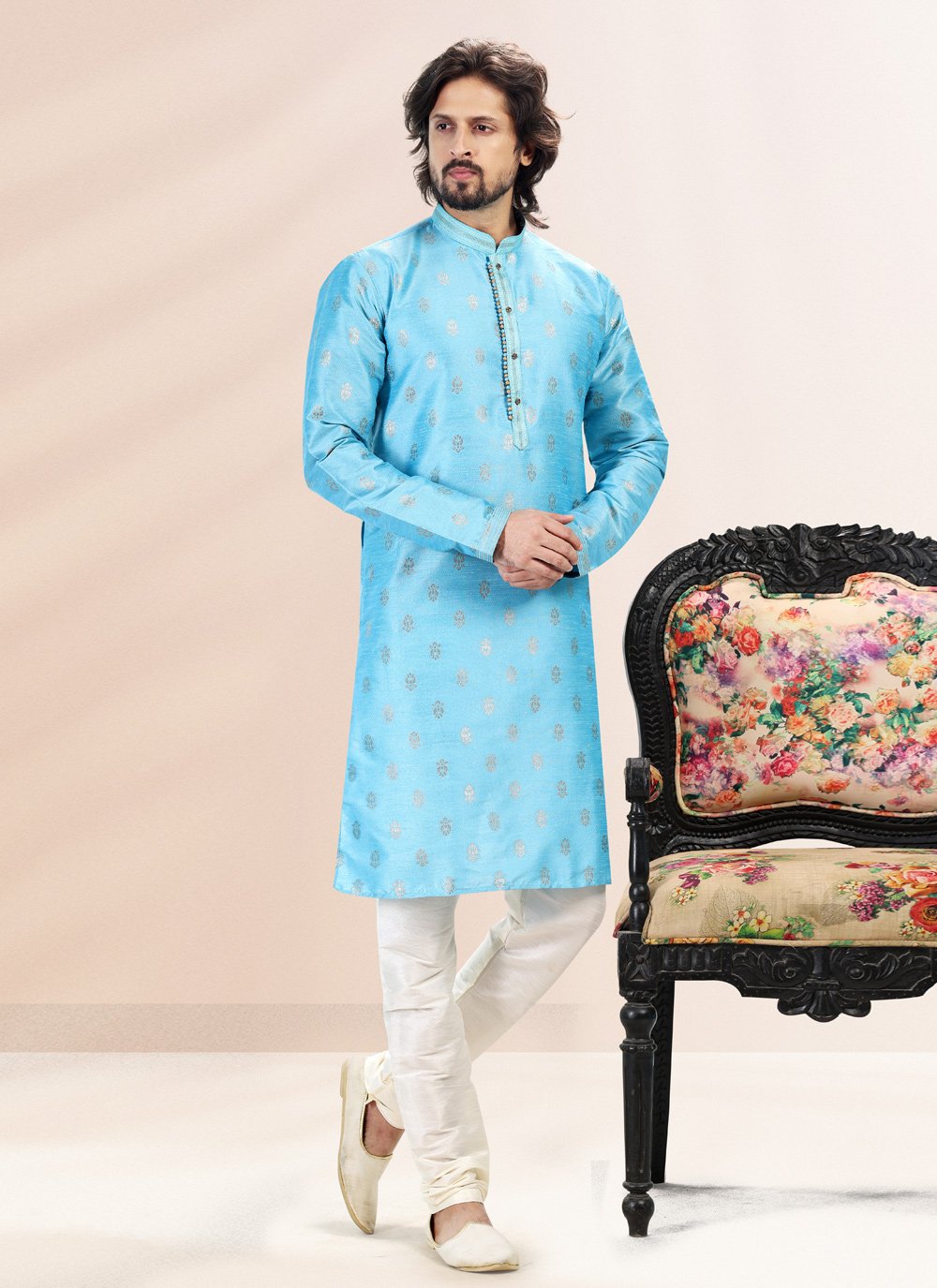 Kurta Pyjama Banarasi Silk Jacquard Aqua Blue Fancy Work Mens