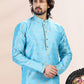 Kurta Pyjama Banarasi Silk Jacquard Aqua Blue Fancy Work Mens