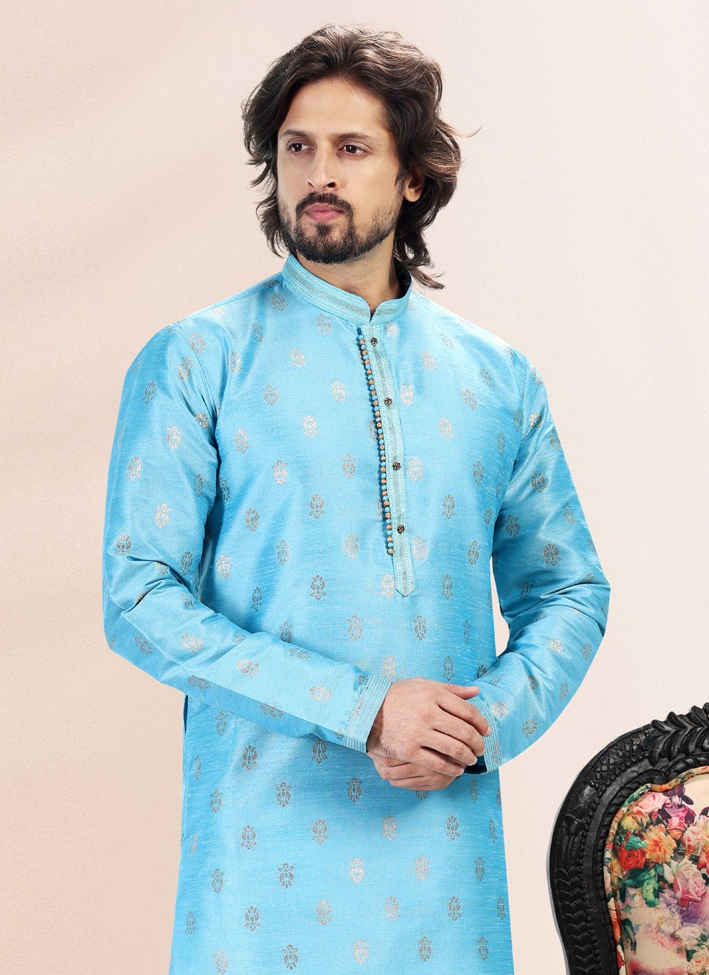 Kurta Pyjama Banarasi Silk Jacquard Aqua Blue Fancy Work Mens