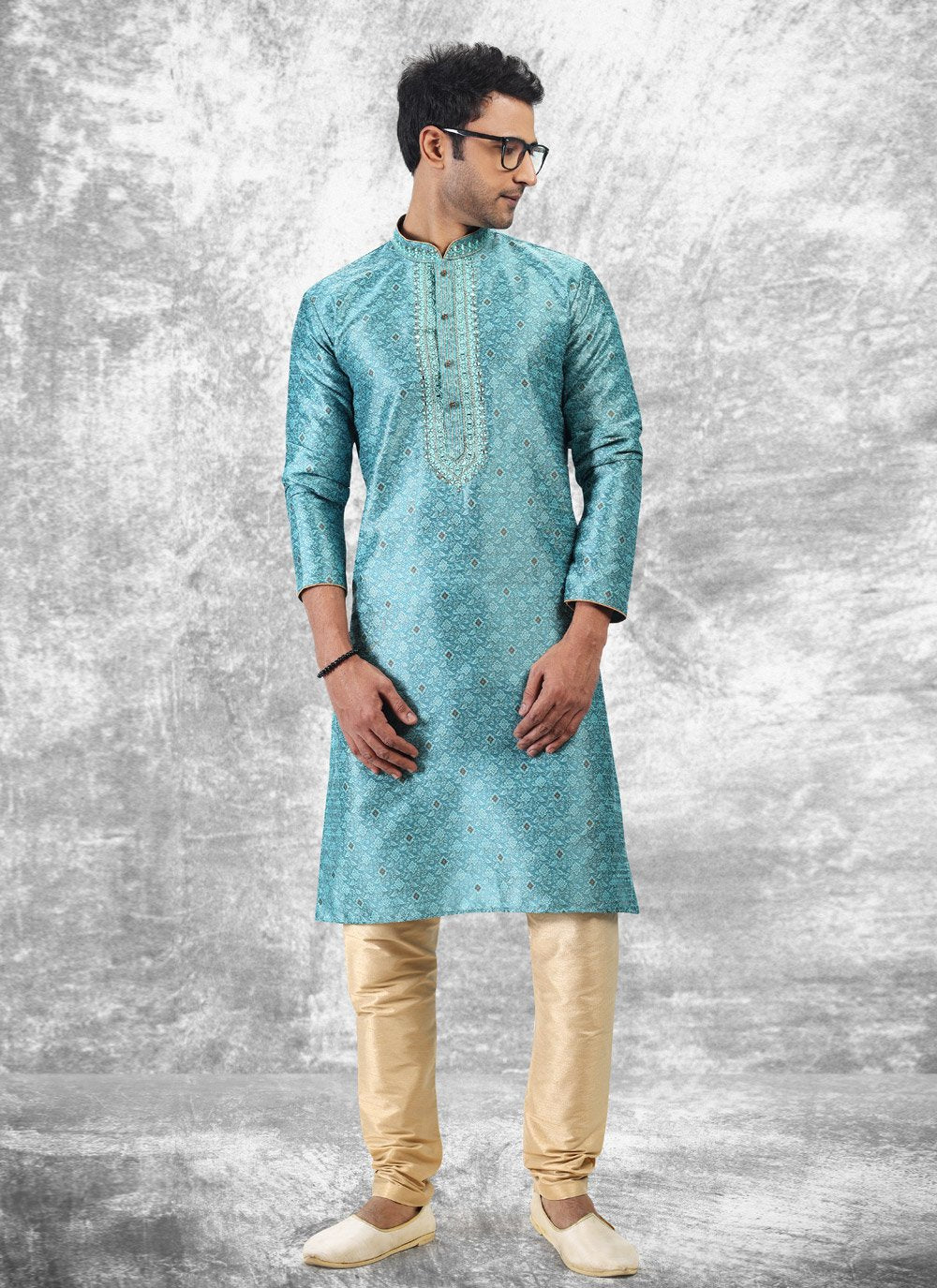 Kurta Pyjama Brocade Jacquard Silk Aqua Blue Fancy Work Mens